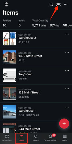 Items list with the scanner icon highlighted in the top right