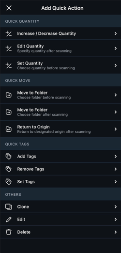 Add Quick Action menu showing Quick Quantity, Quick Move, Quick Tags, and Others