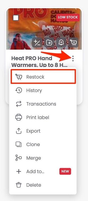 Restock option in the three-dot menu