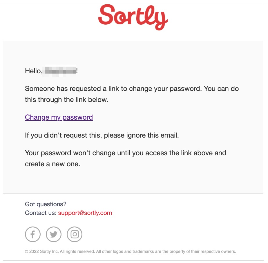 Password reset email