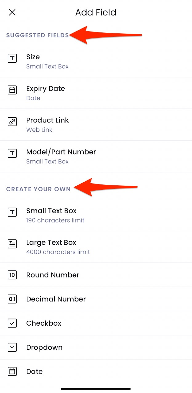 Choosing a custom field type on mobile