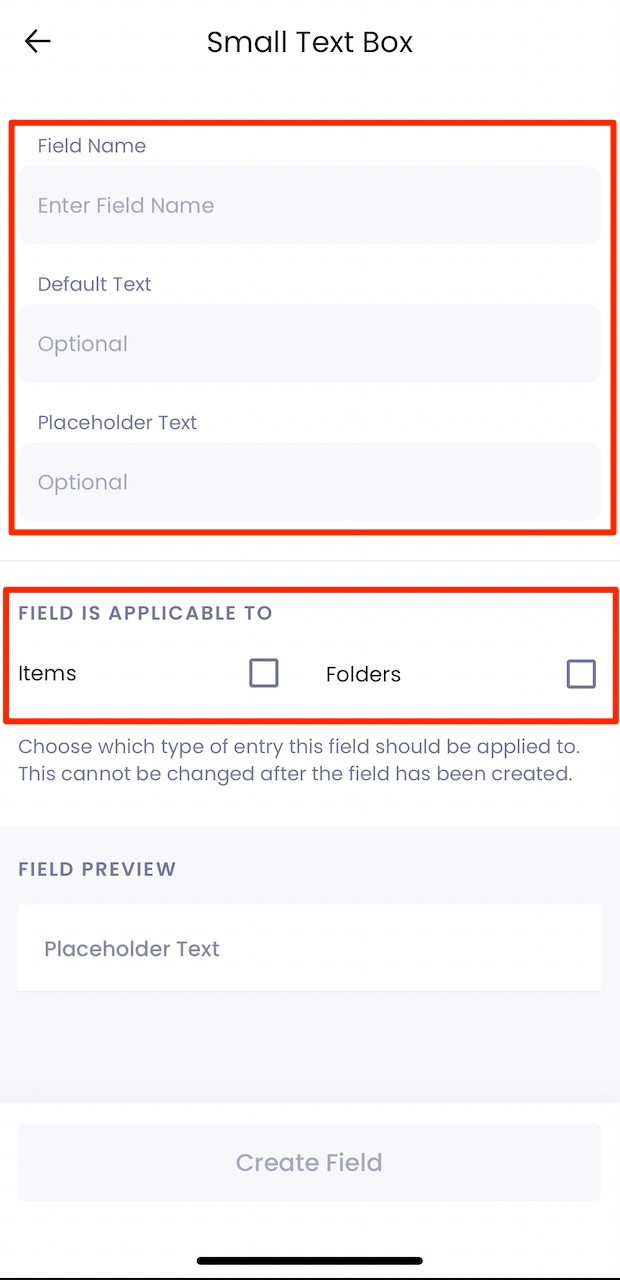 Entering the field name and details on mobile