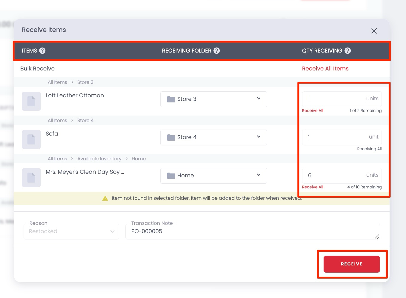 Selecting the receiving folder