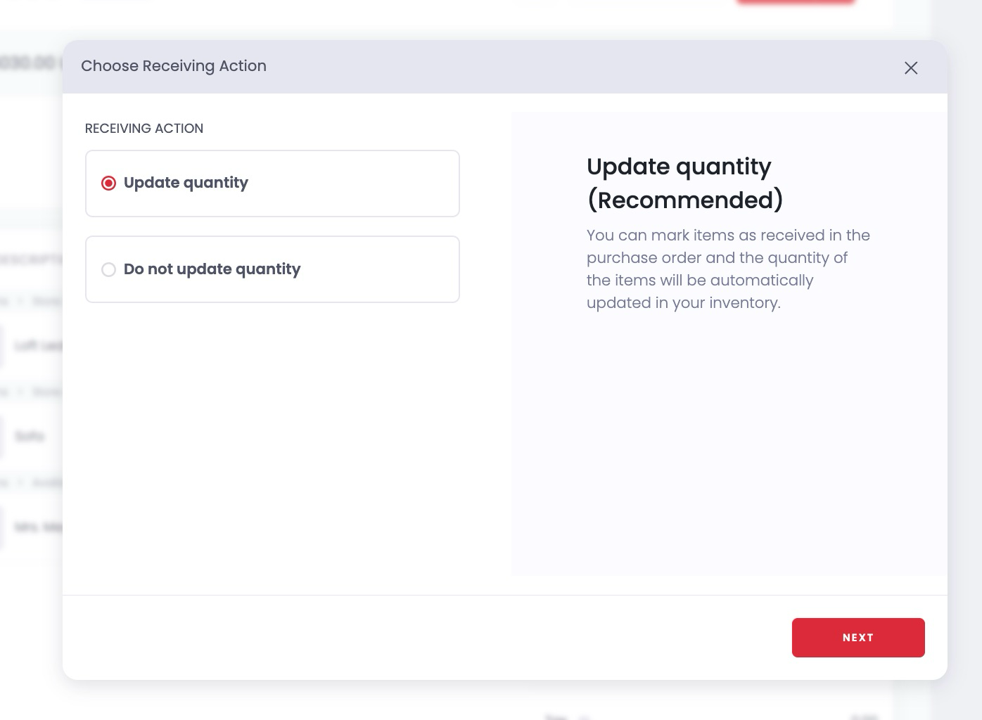 Choosing whether to update quantity when receiving