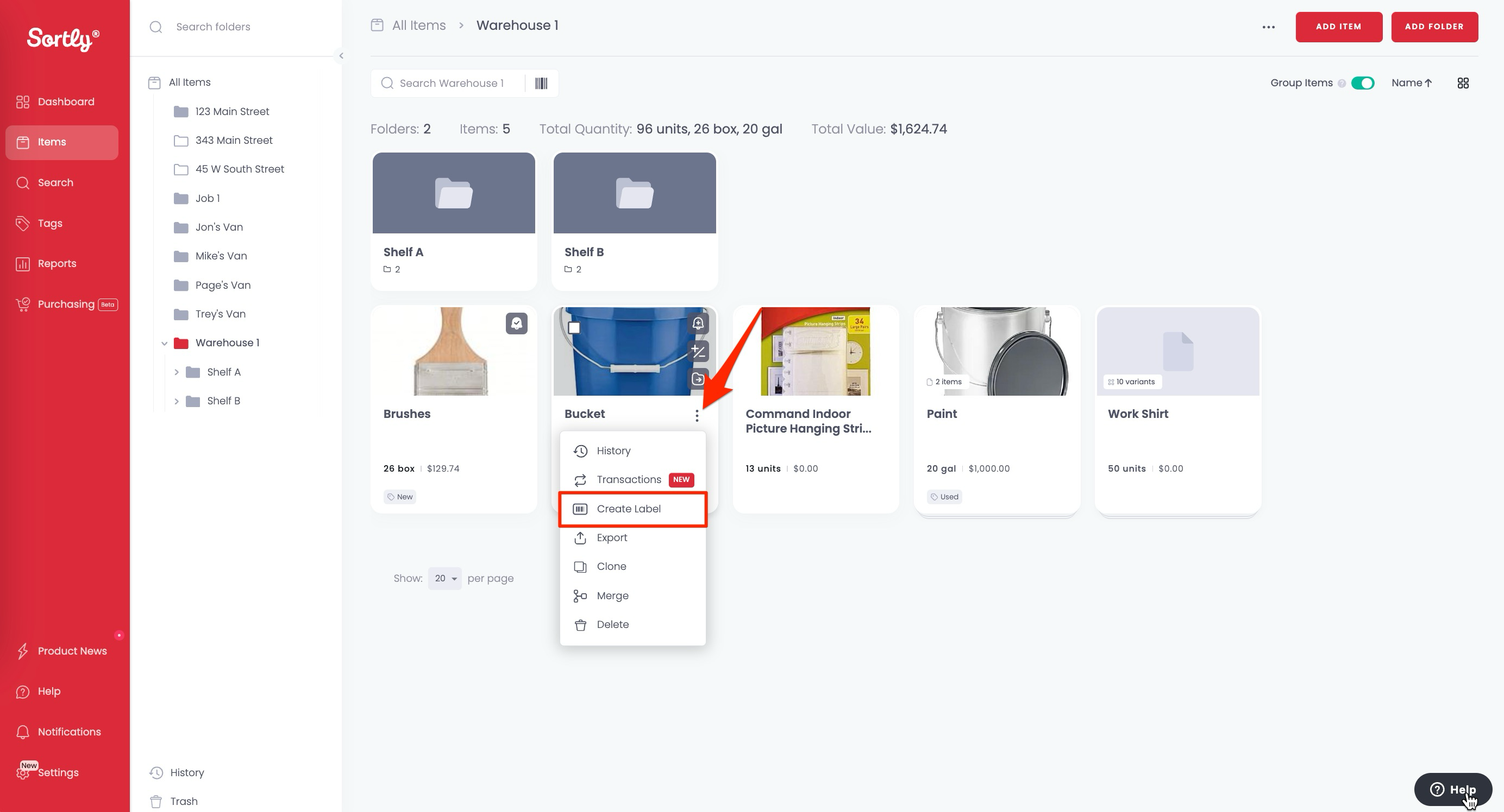 Create Label button on an item