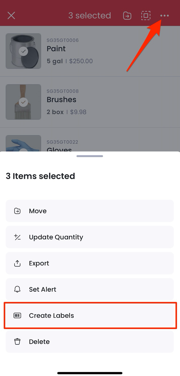 Choosing Create Labels from the mobile menu