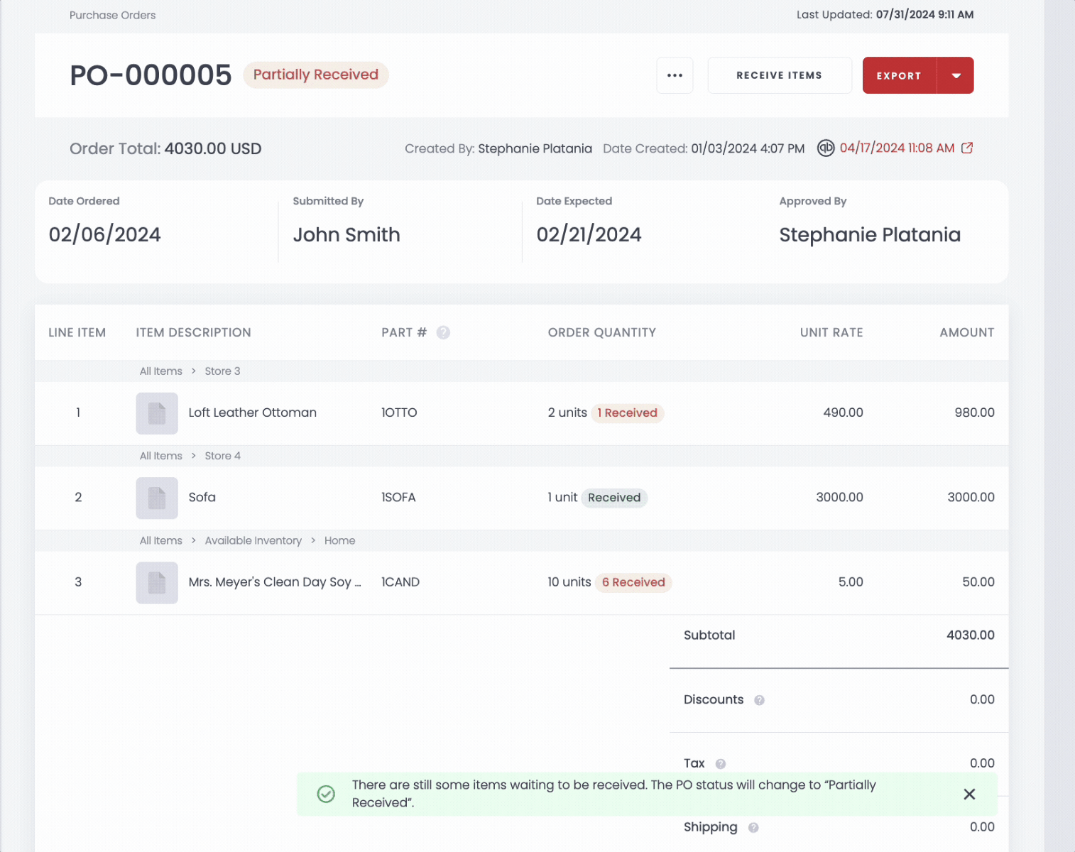 Confirming received quantities