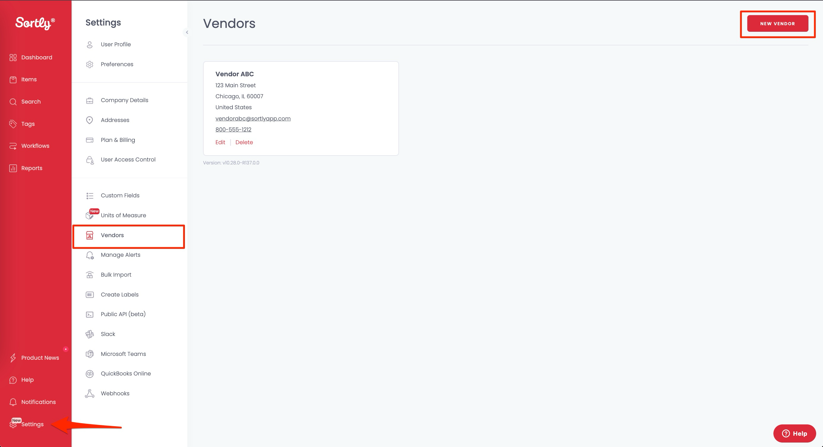 Creating a new vendor in Settings