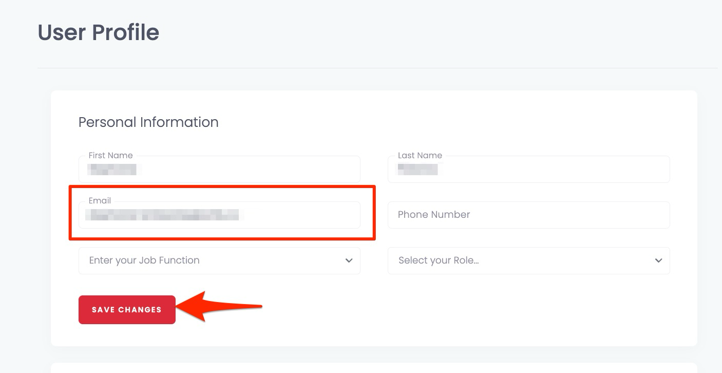 Updating the email field and clicking Save Changes