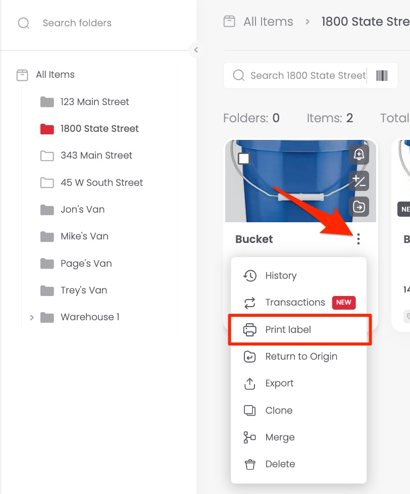Print Label option in the three-dot menu