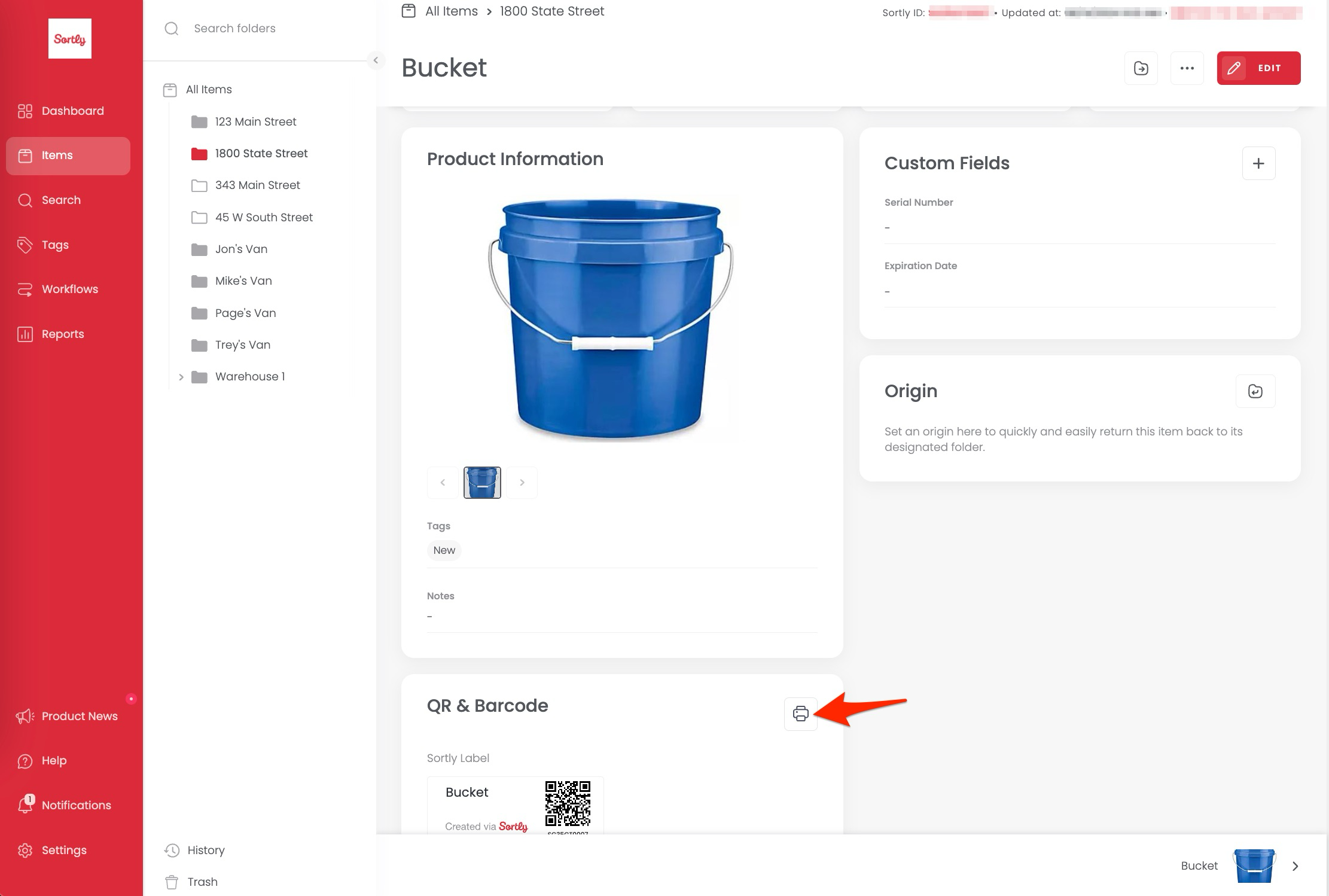 Printer icon on an item