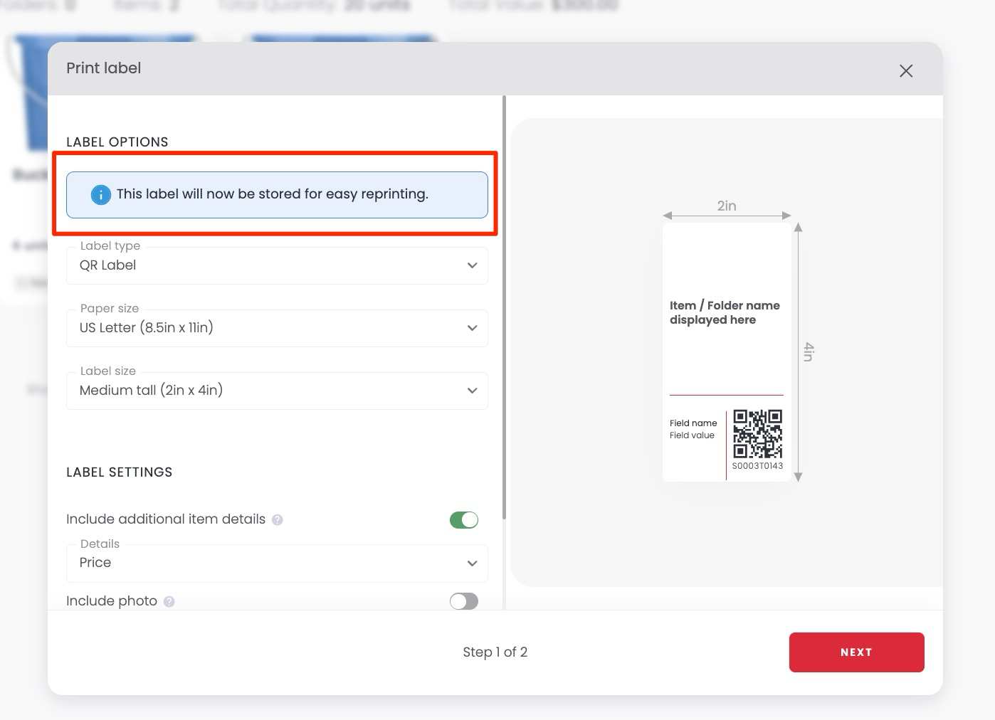 Print Label setup screen