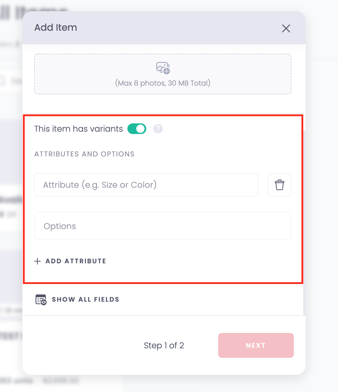 Variant options enabled