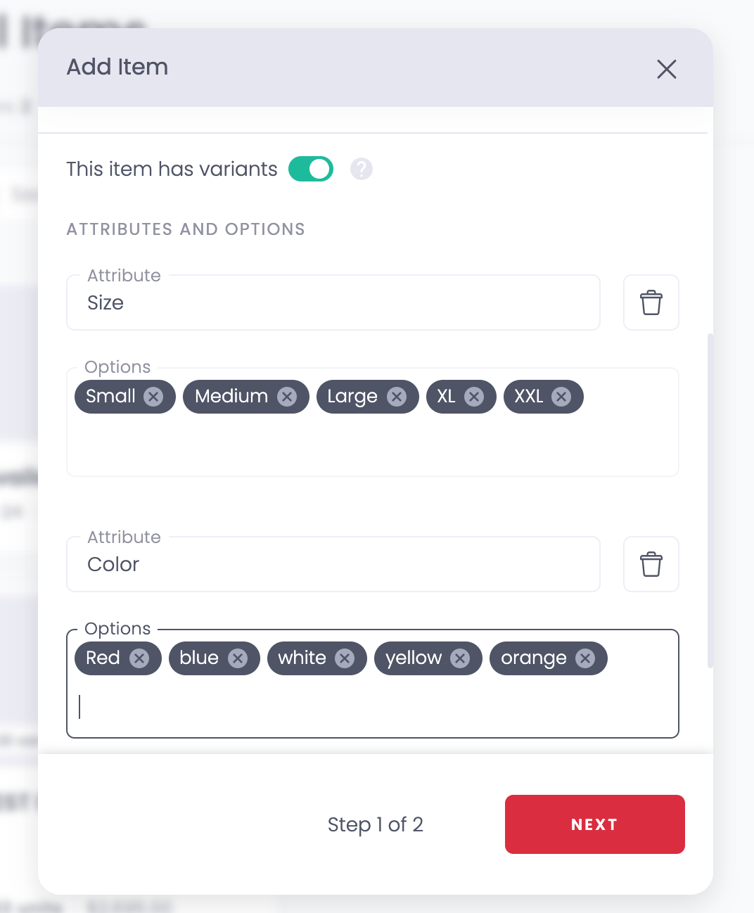Attributes and options for item variants