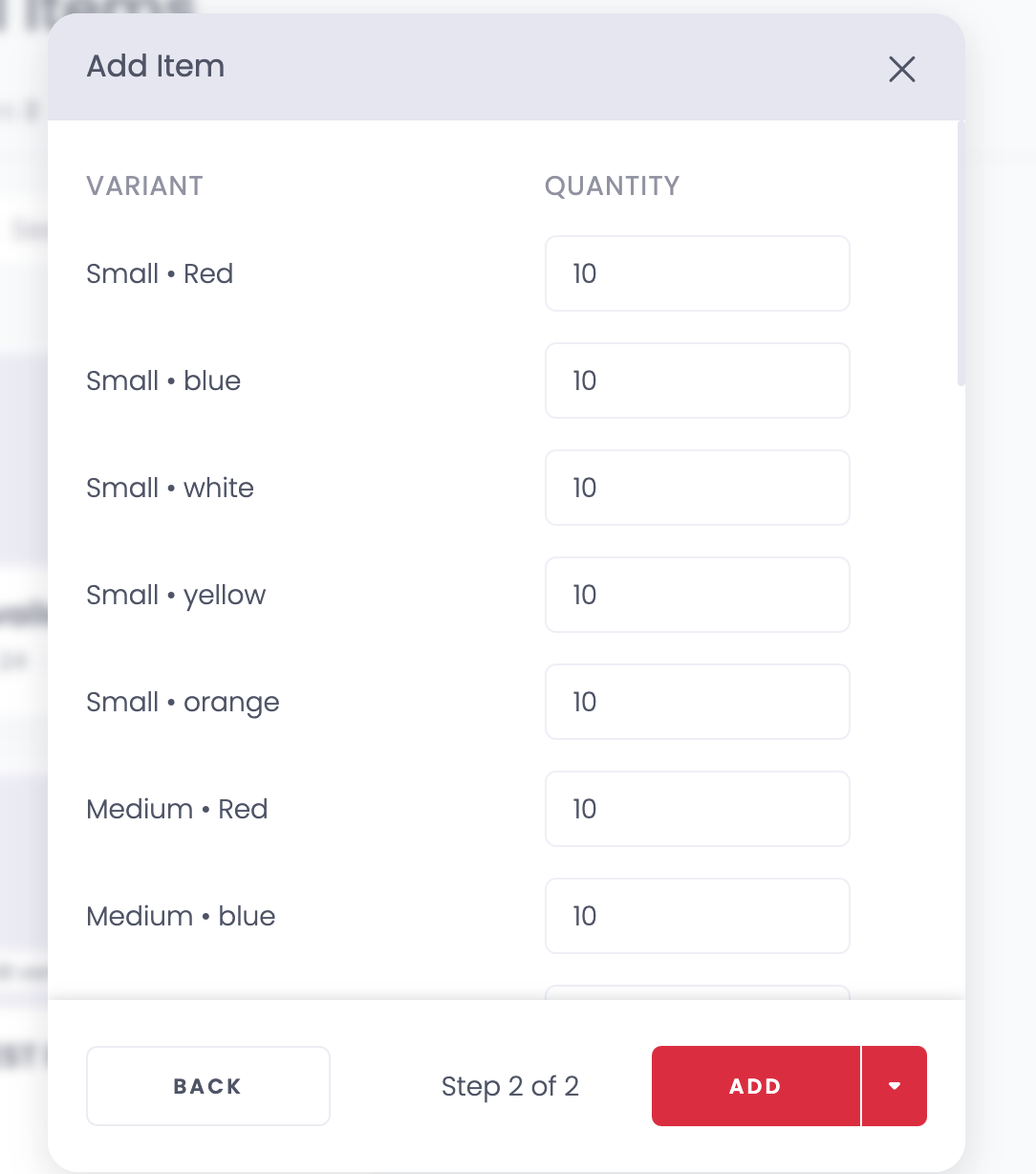 Adding quantities for each variant