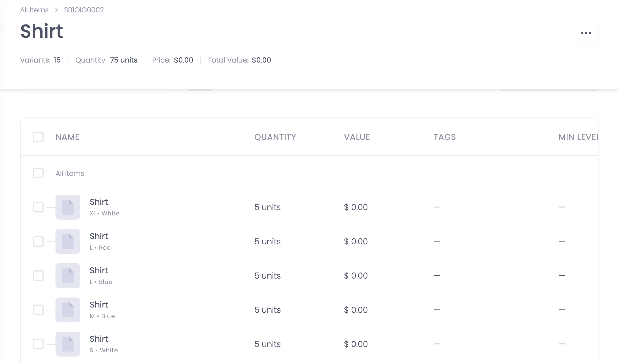 Item detail view with variants
