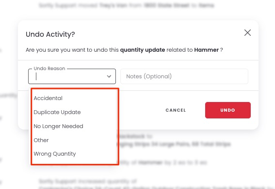 Selecting an undo reason and adding an optional note