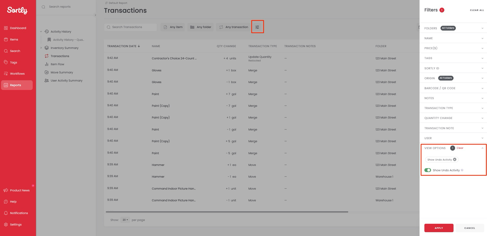 Toggling Show Undo Activity in the Transactions Report filter