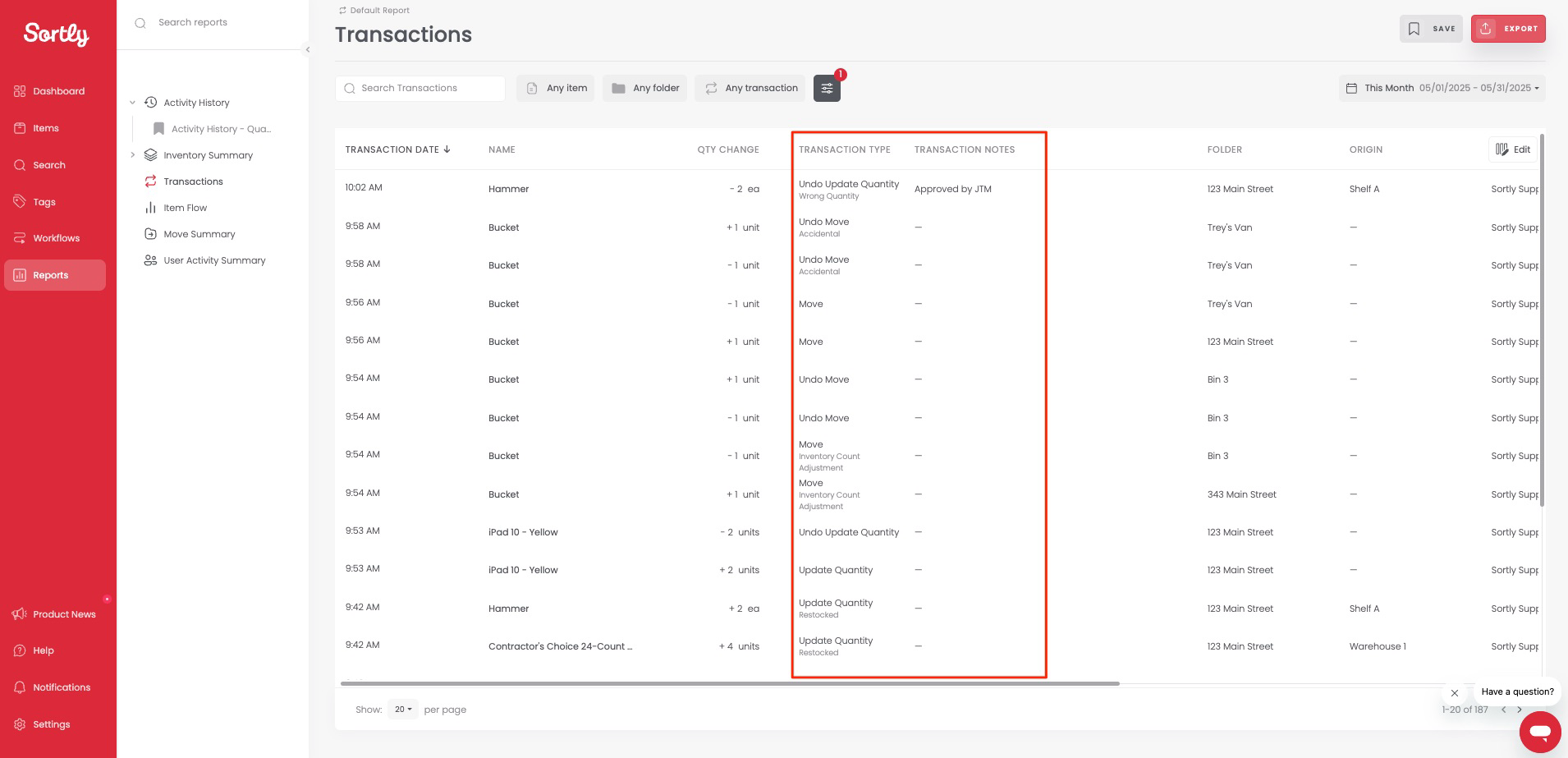 Undo Actions shown in the Transactions Report