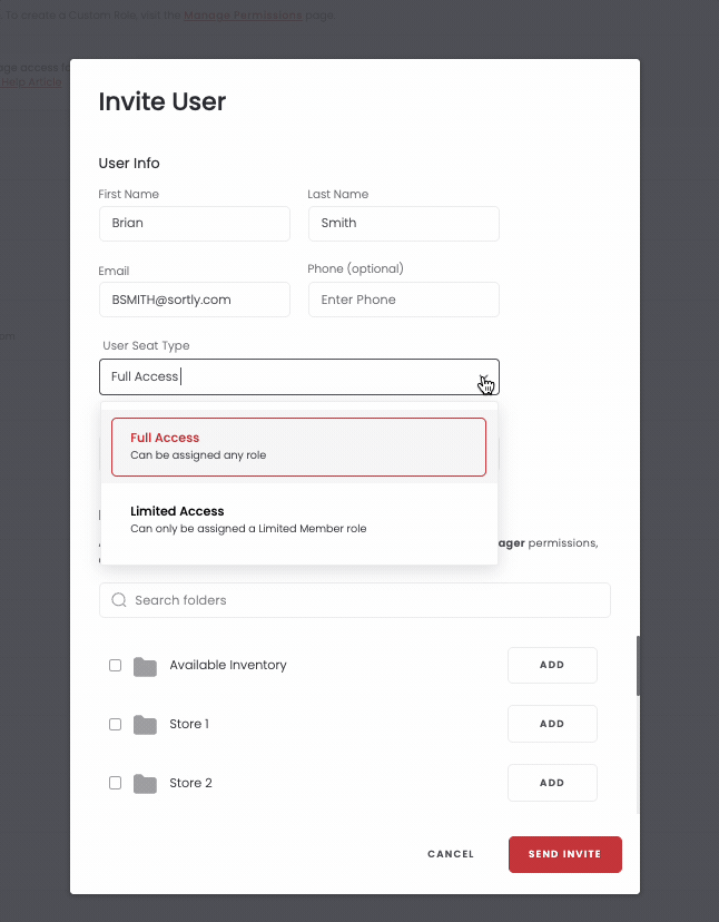 Choosing Limited Access as the User Seat Type