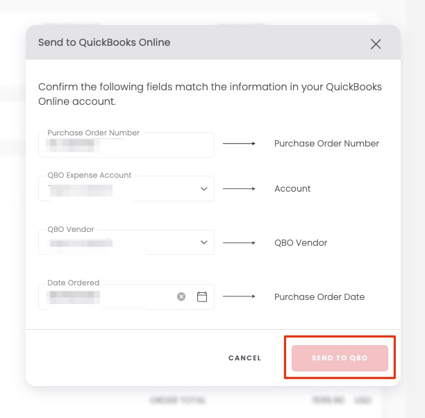 Filling in fields to send a PO to QBO