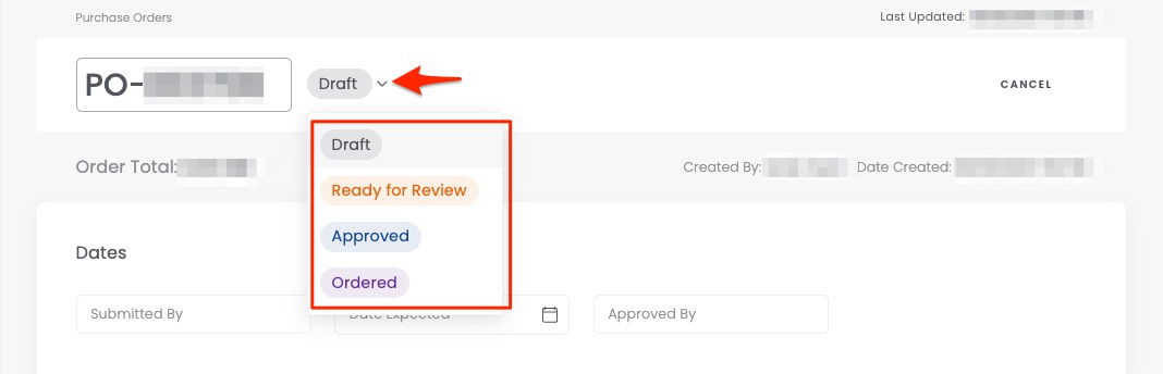 Entering PO number, status, and dates