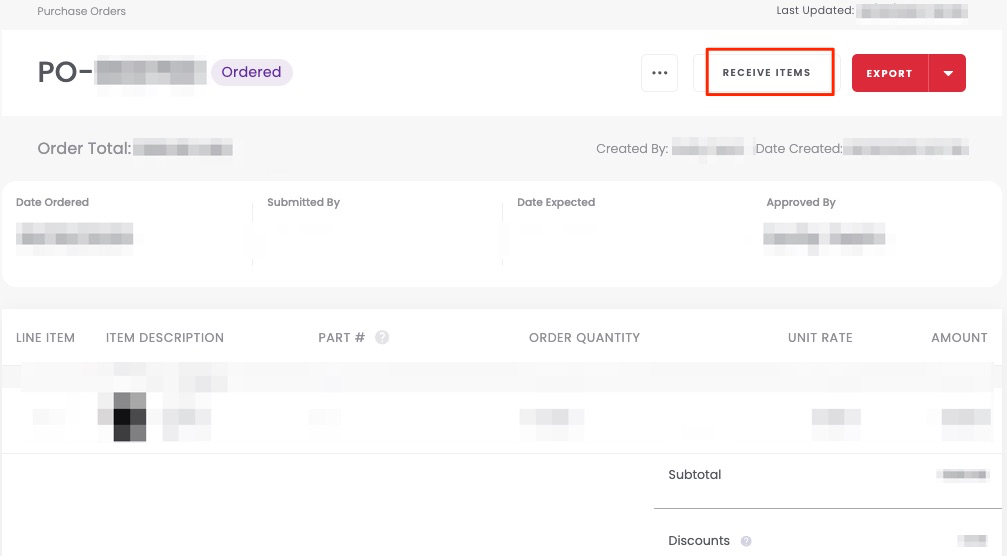 The Receive Items button on a PO