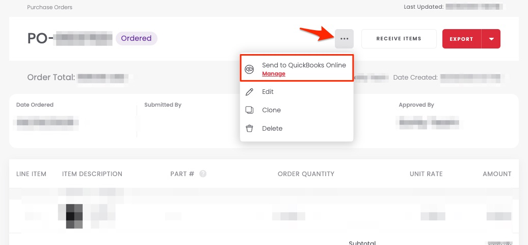 The Send to QuickBooks Online button on a PO