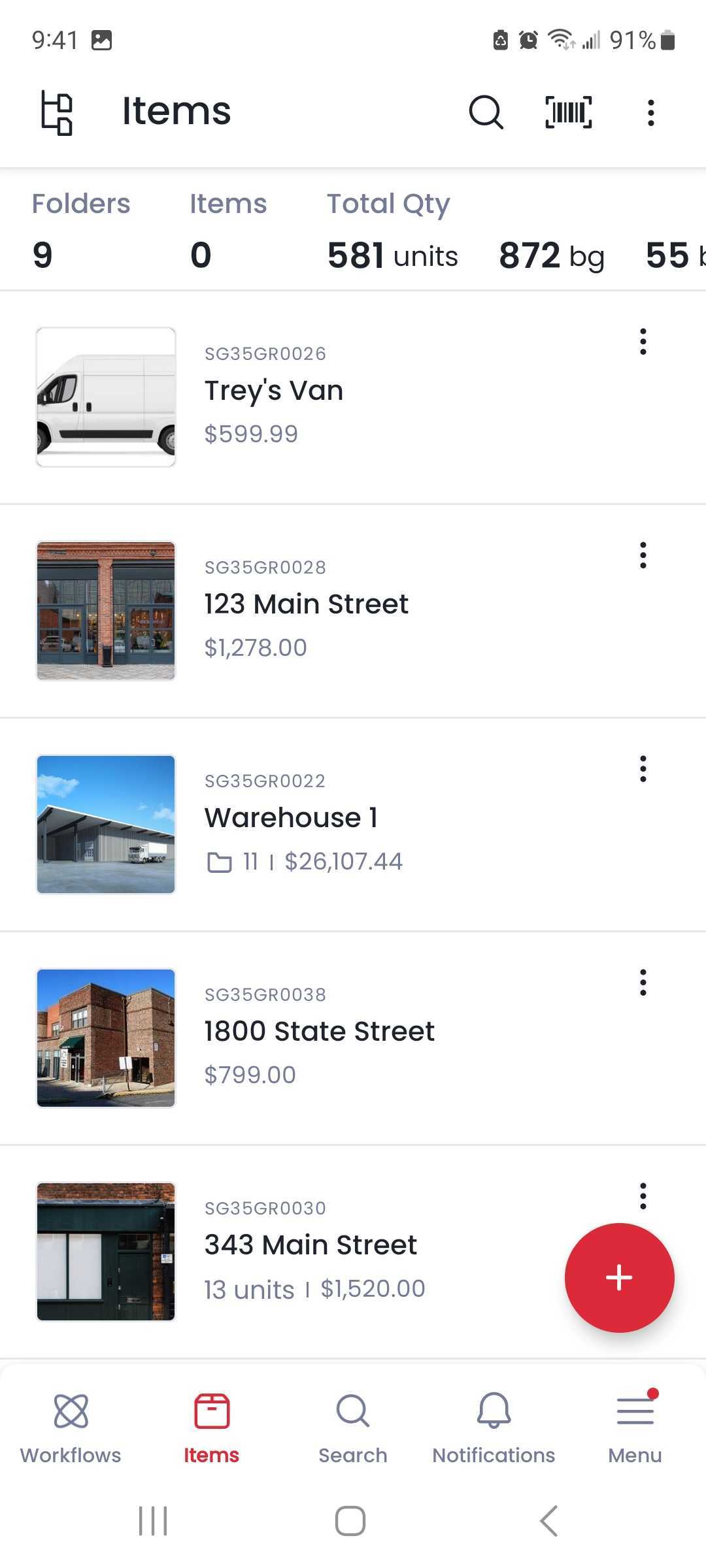 Items tab in the Sortly mobile app