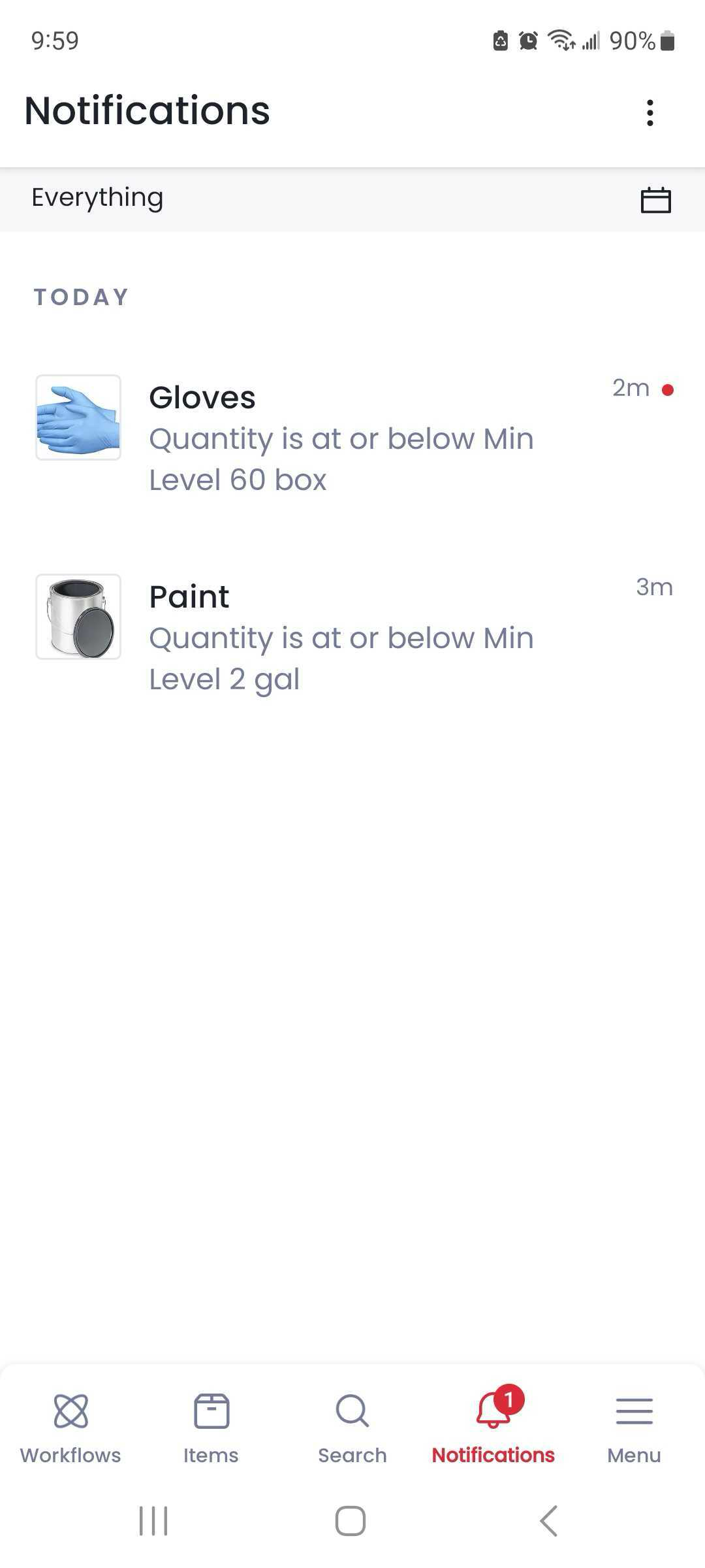 Alerts and notifications in the Sortly mobile app