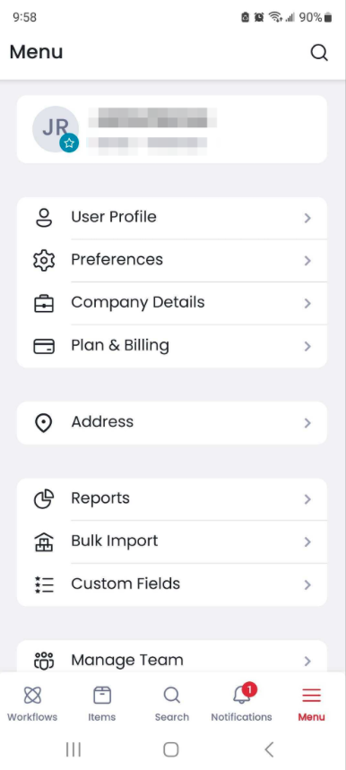 Menu tab in the Sortly mobile app