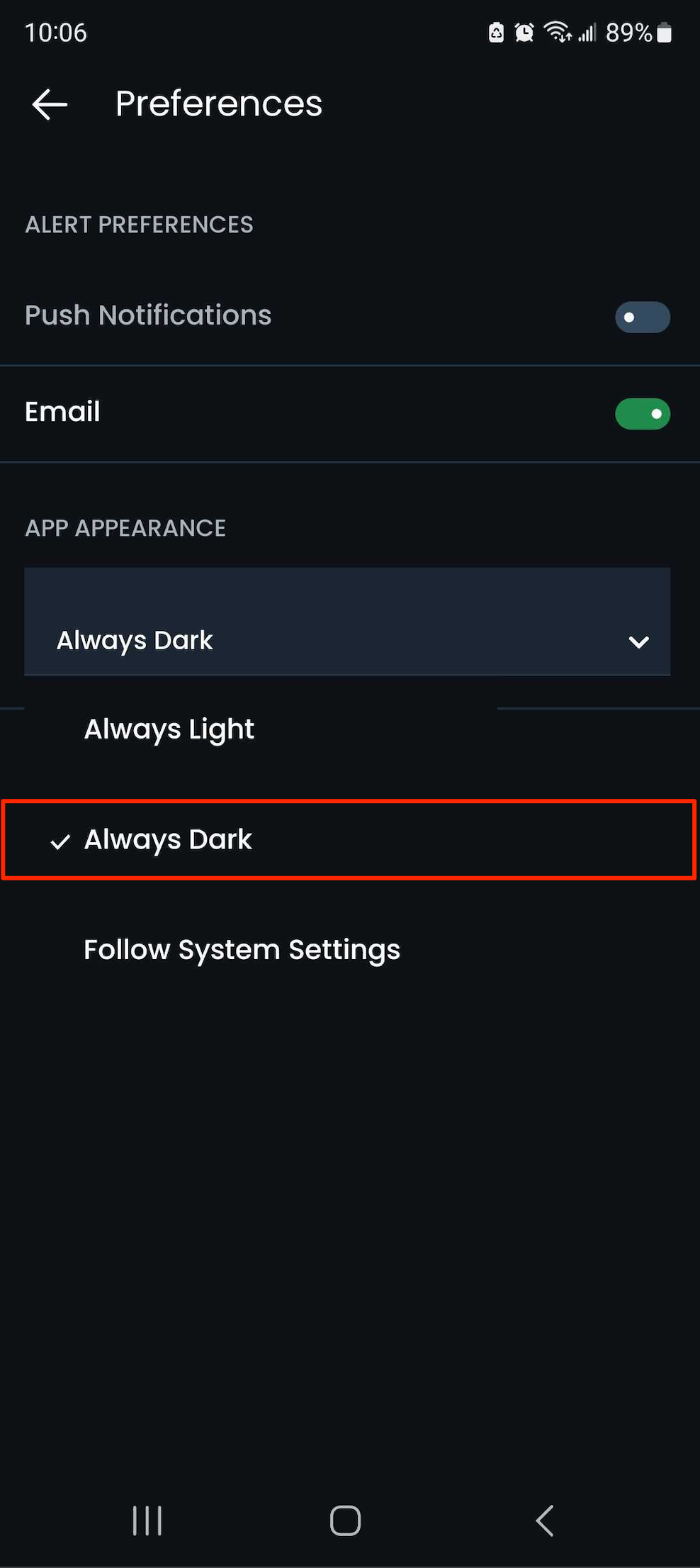 Dark mode setting, screen 2