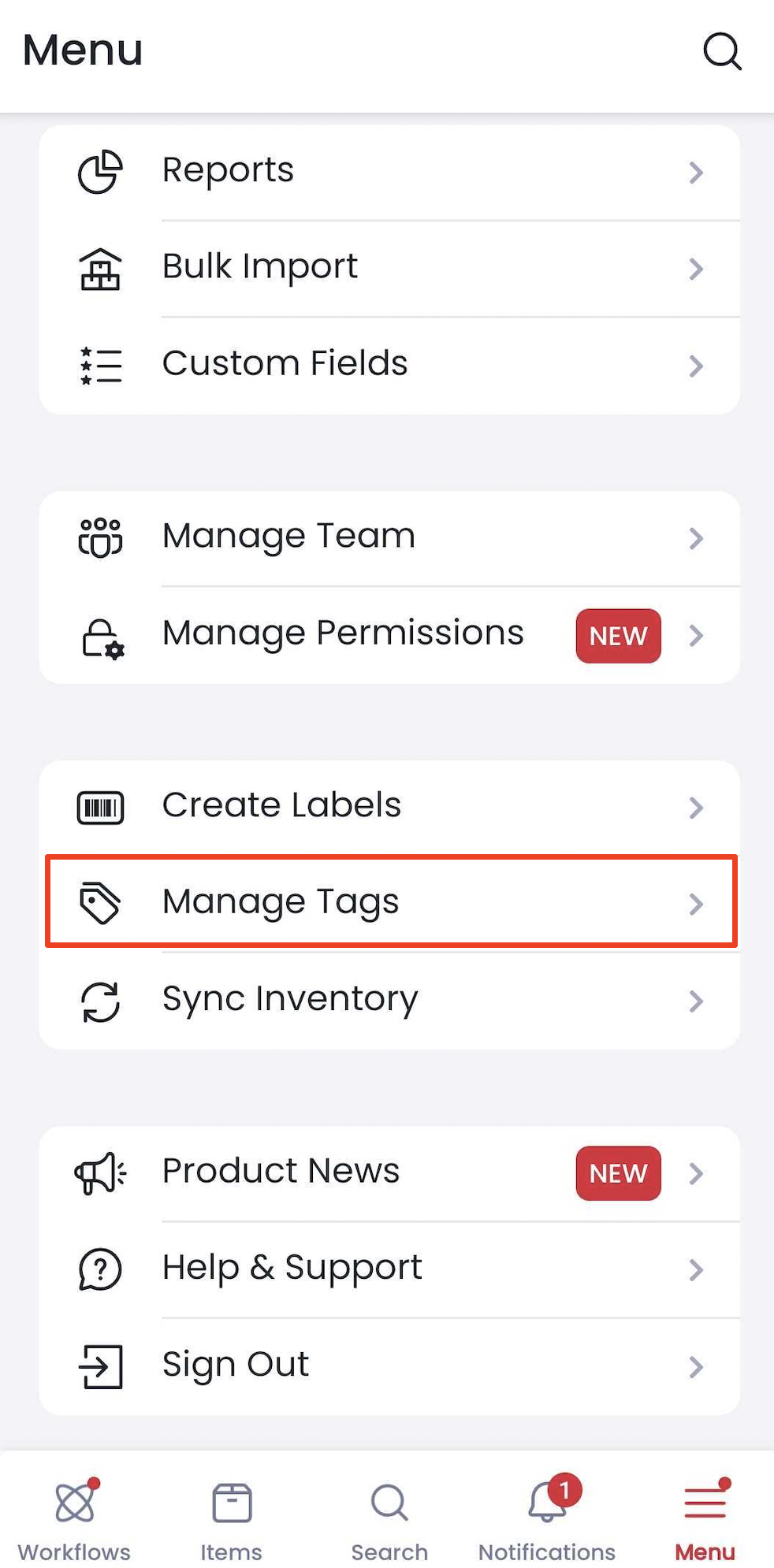 Mobile Manage Tags option
