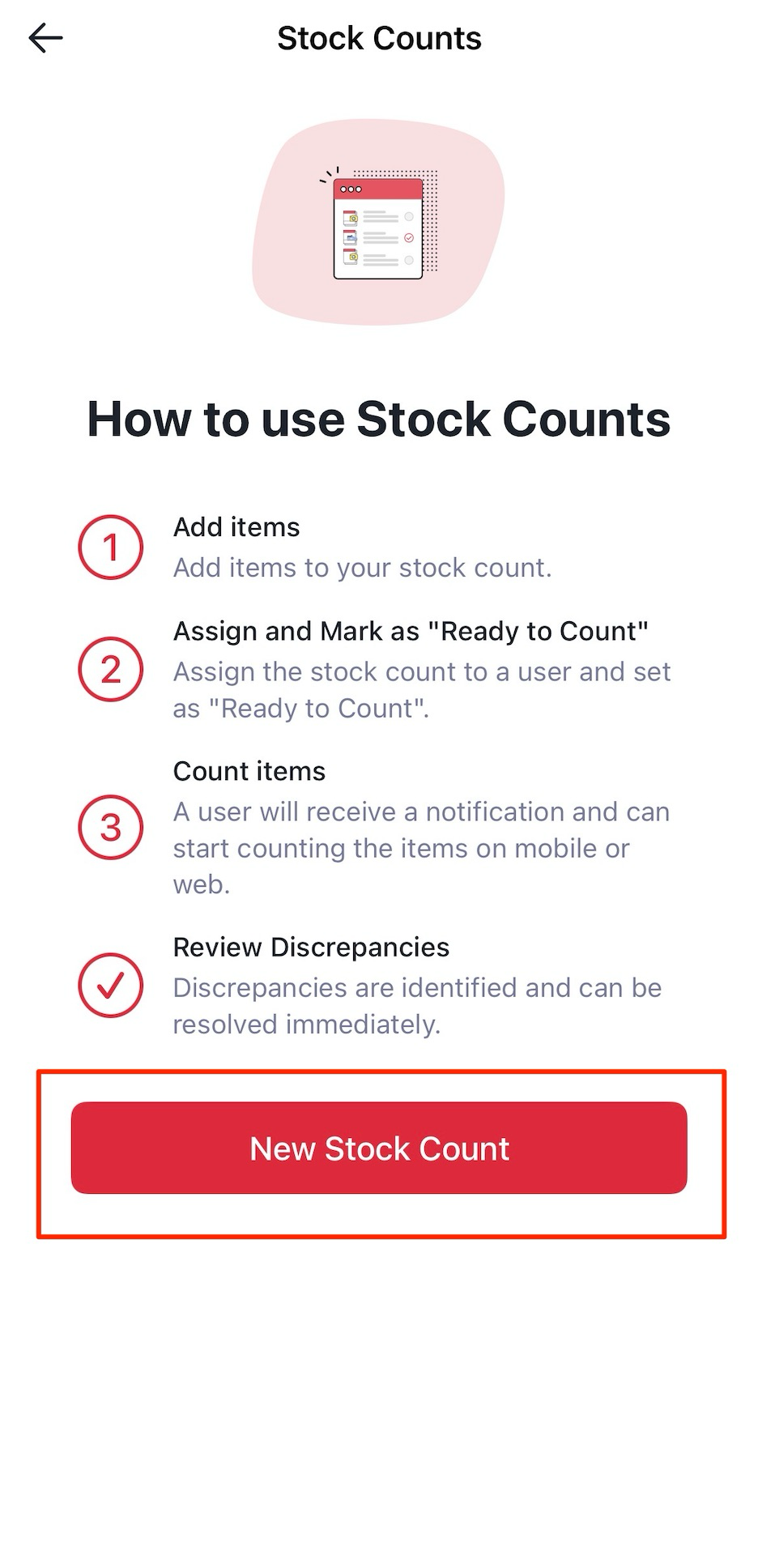Tapping New Stock Count on mobile