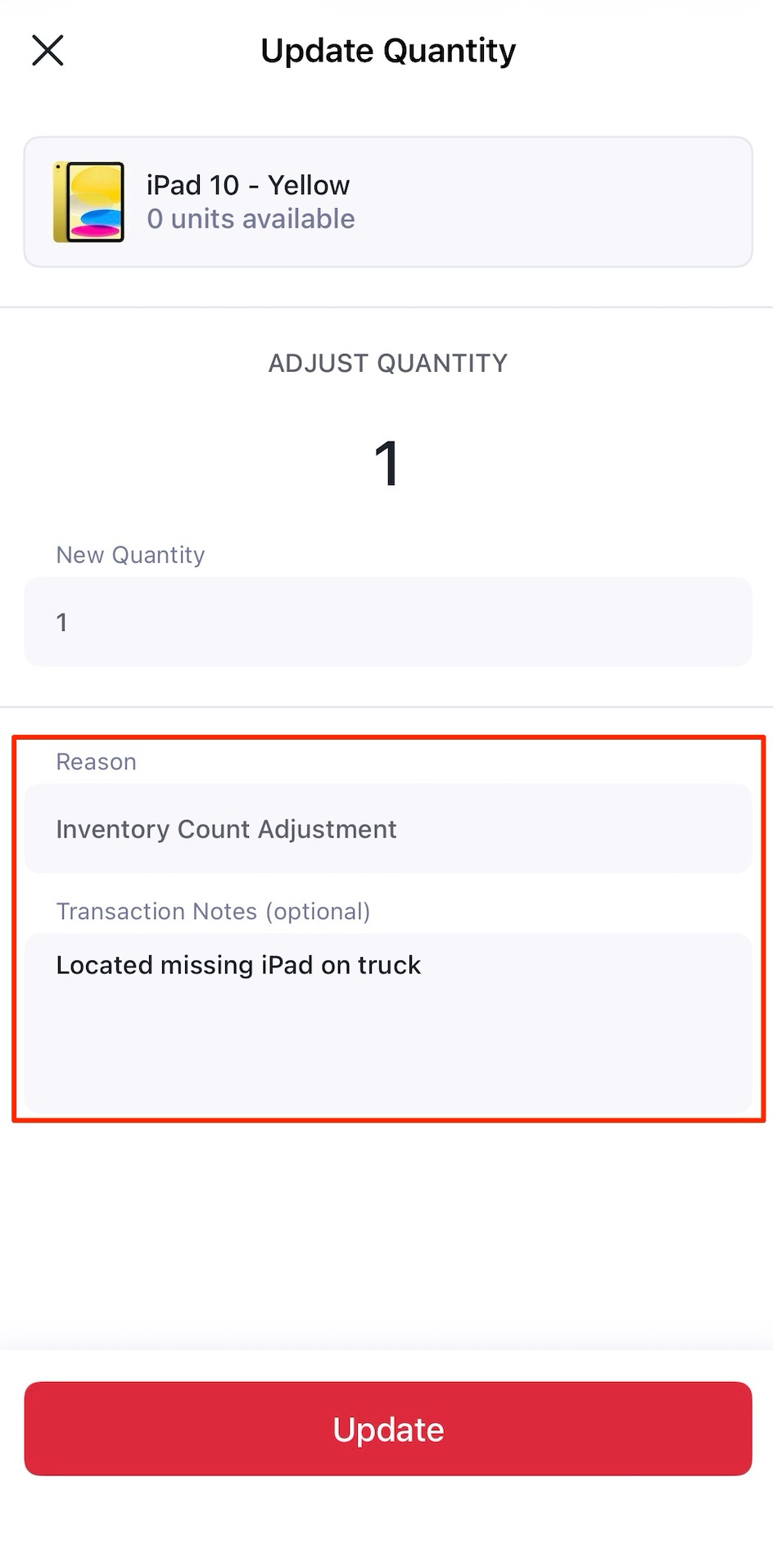Inventory Count Adjustment on mobile
