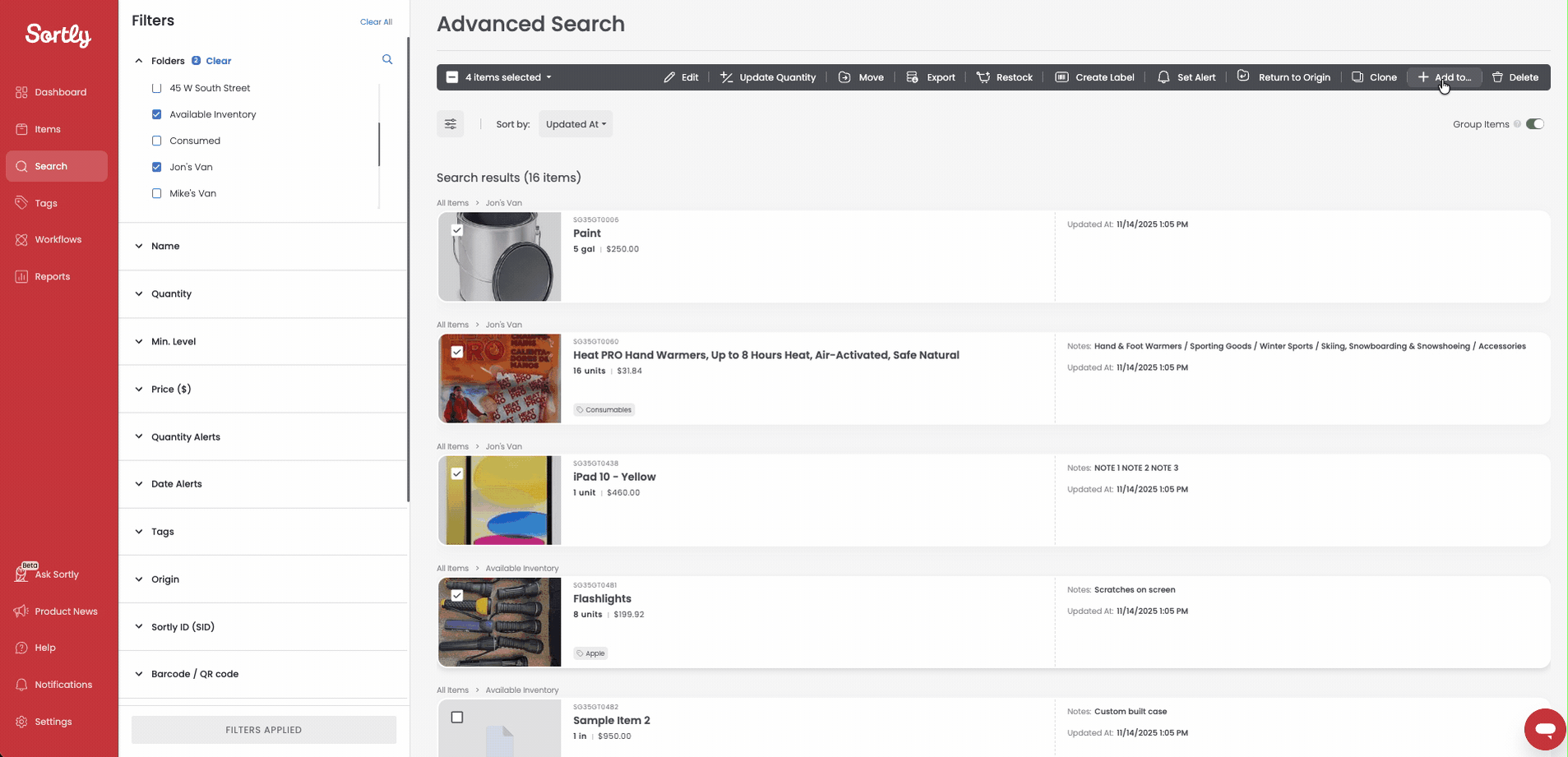 Choosing quantities and a PO from Advanced Search