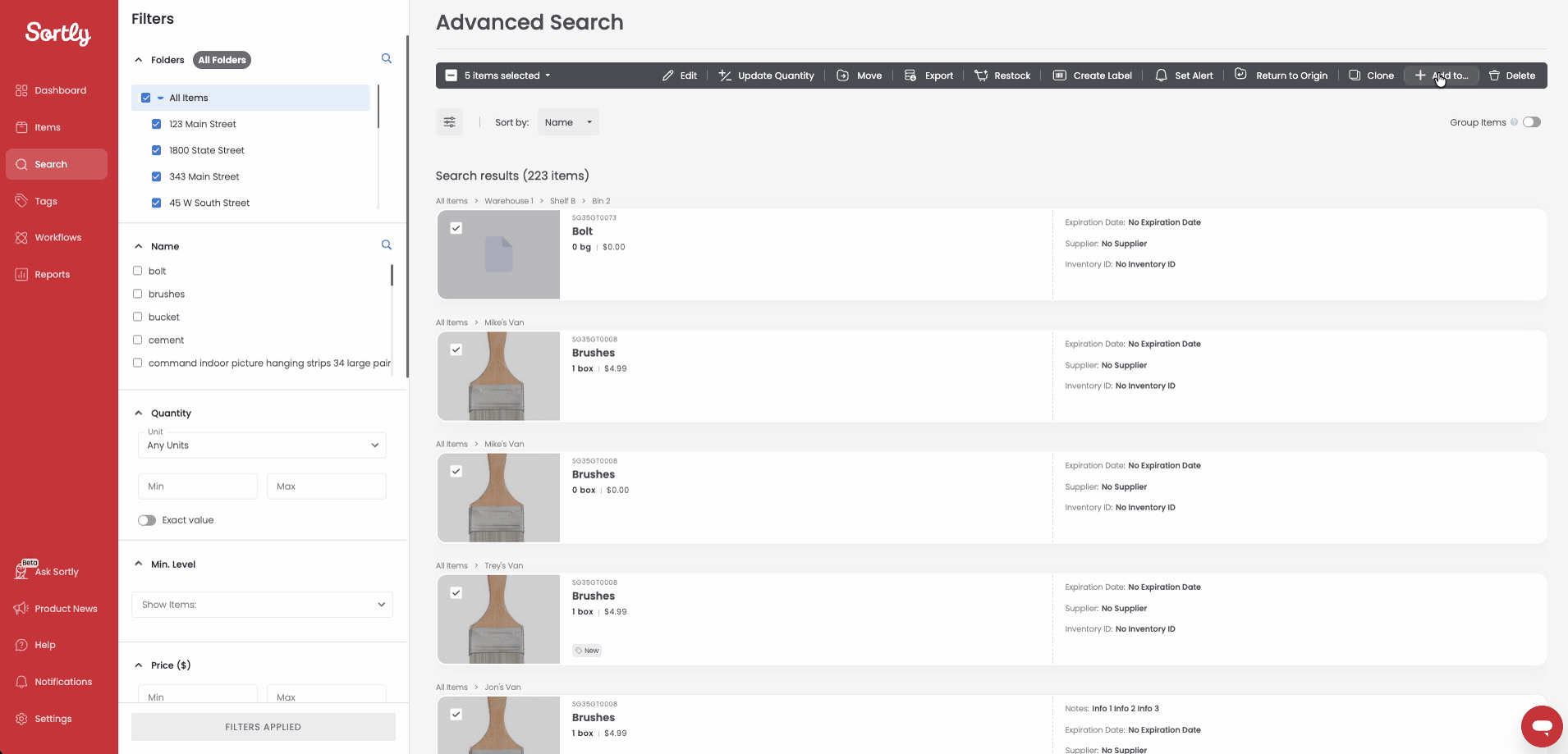 Confirming items added to a Stock Count from Advanced Search