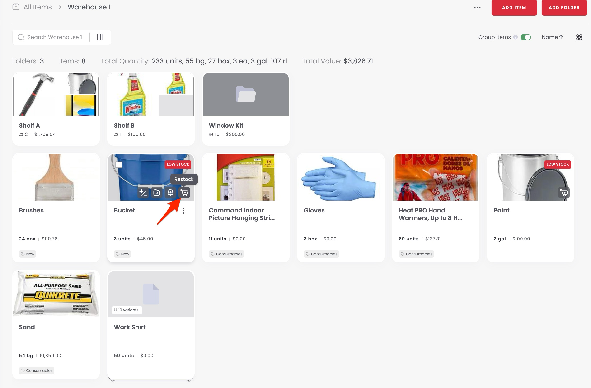 Restock option on an item card