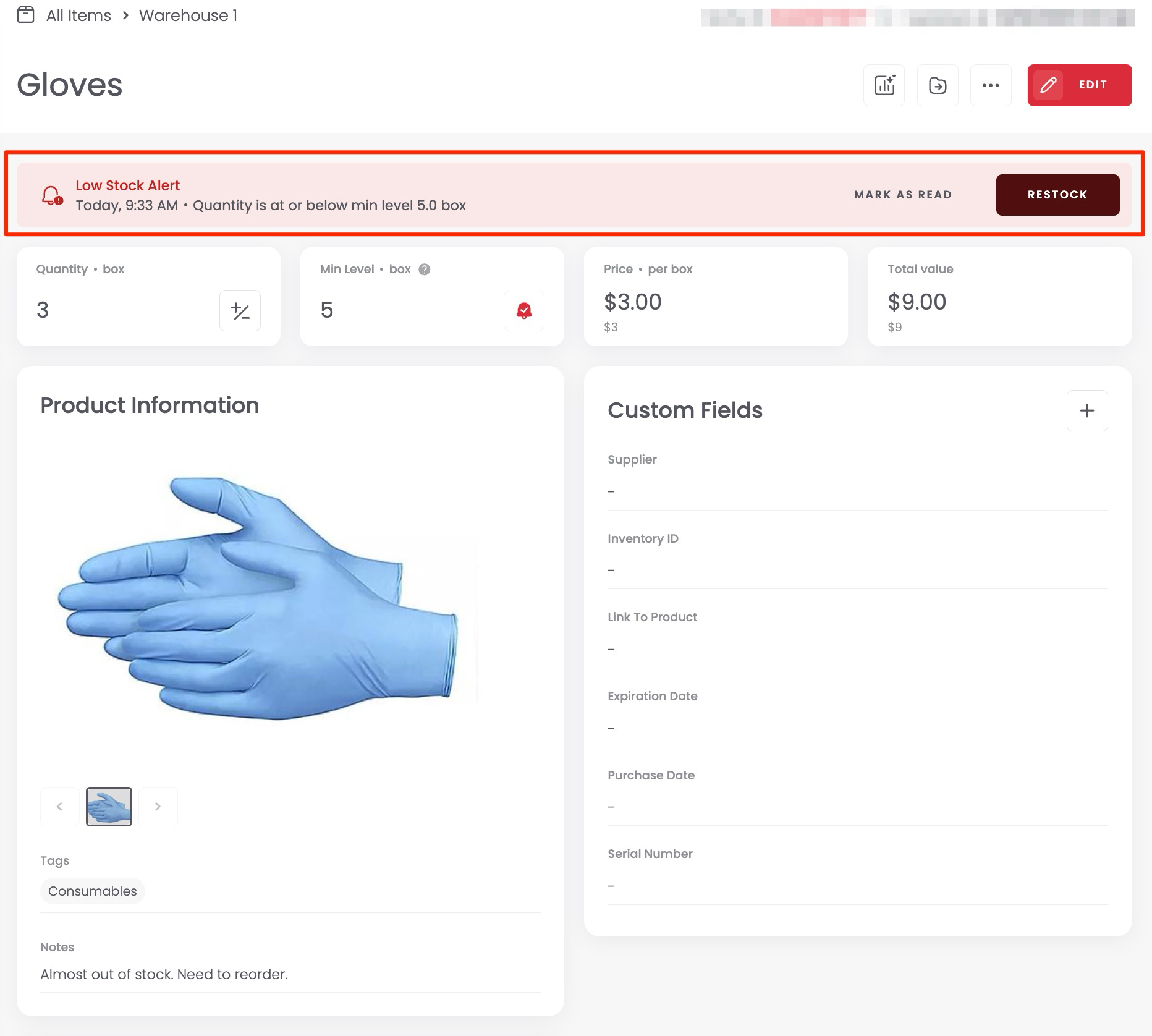Restock option on an item detail page