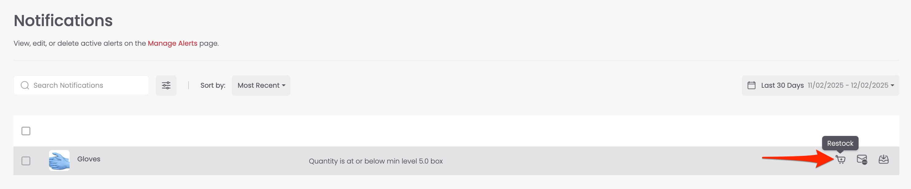 Restock option in an in-app notification