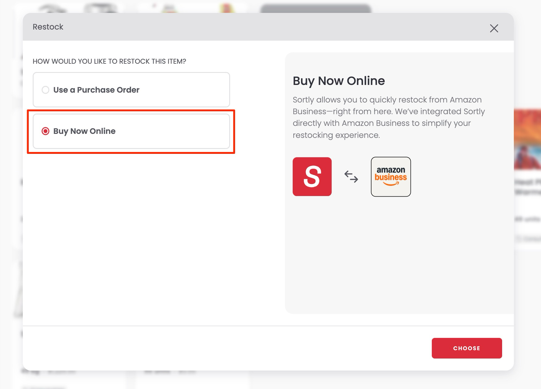 Selecting Buy Now Online in the Restock window