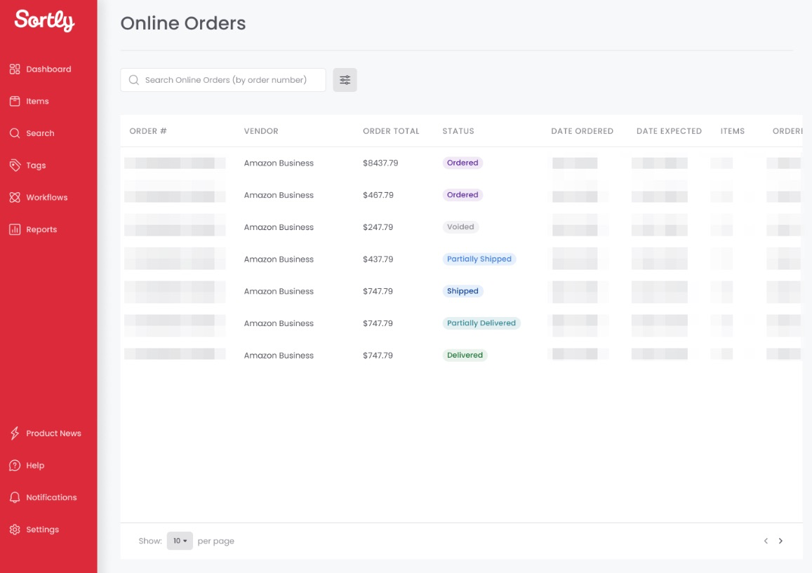 Amazon Business order history in Sortly