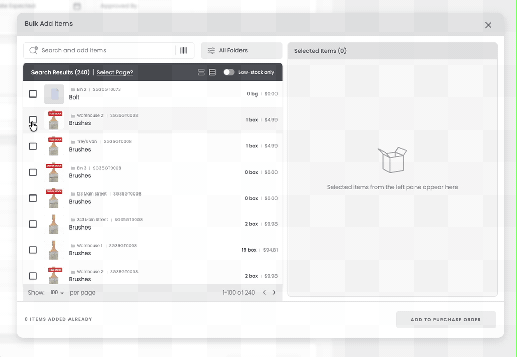 Selecting items to add to a Purchase Order
