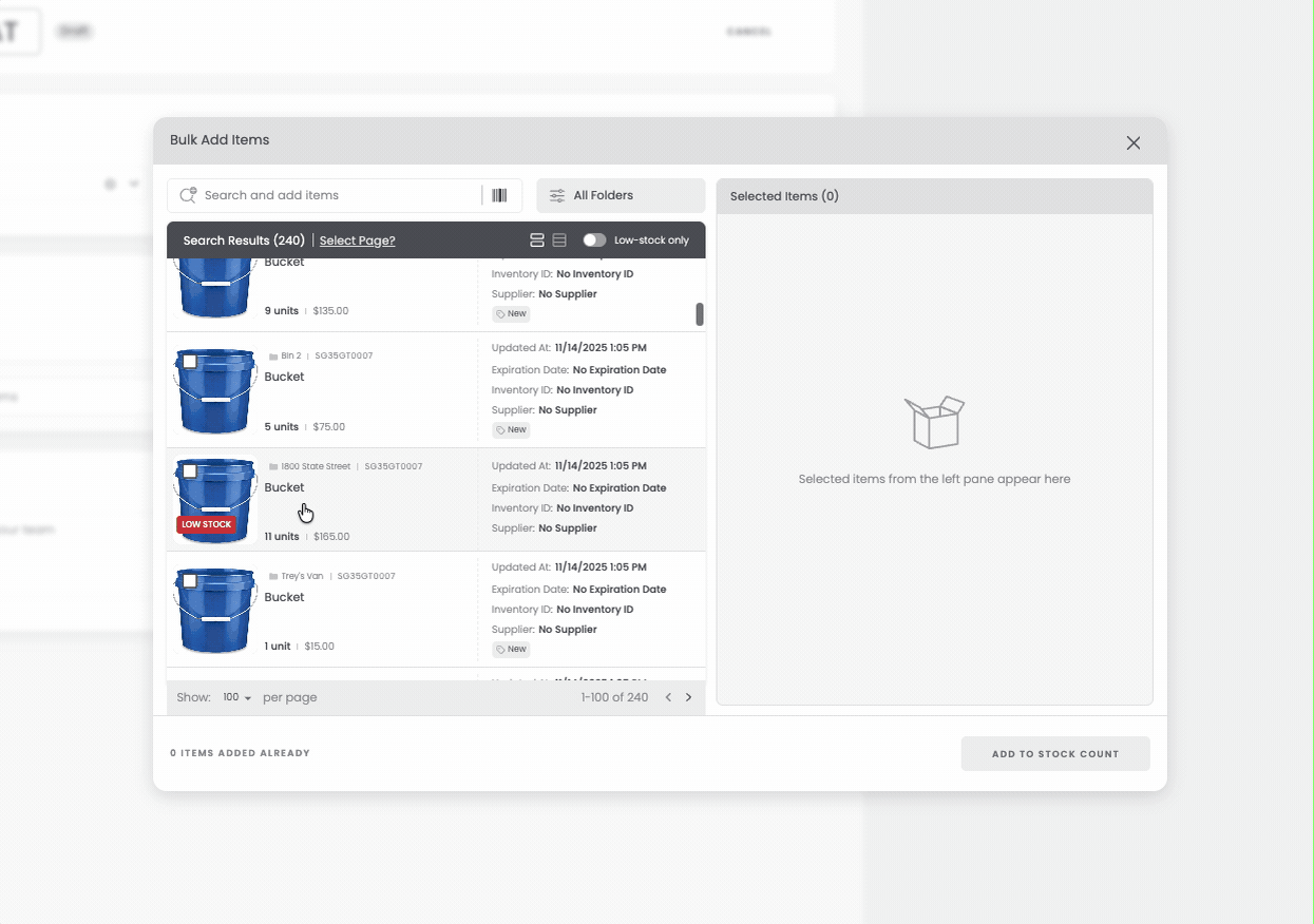 Selecting items to add to a Stock Count
