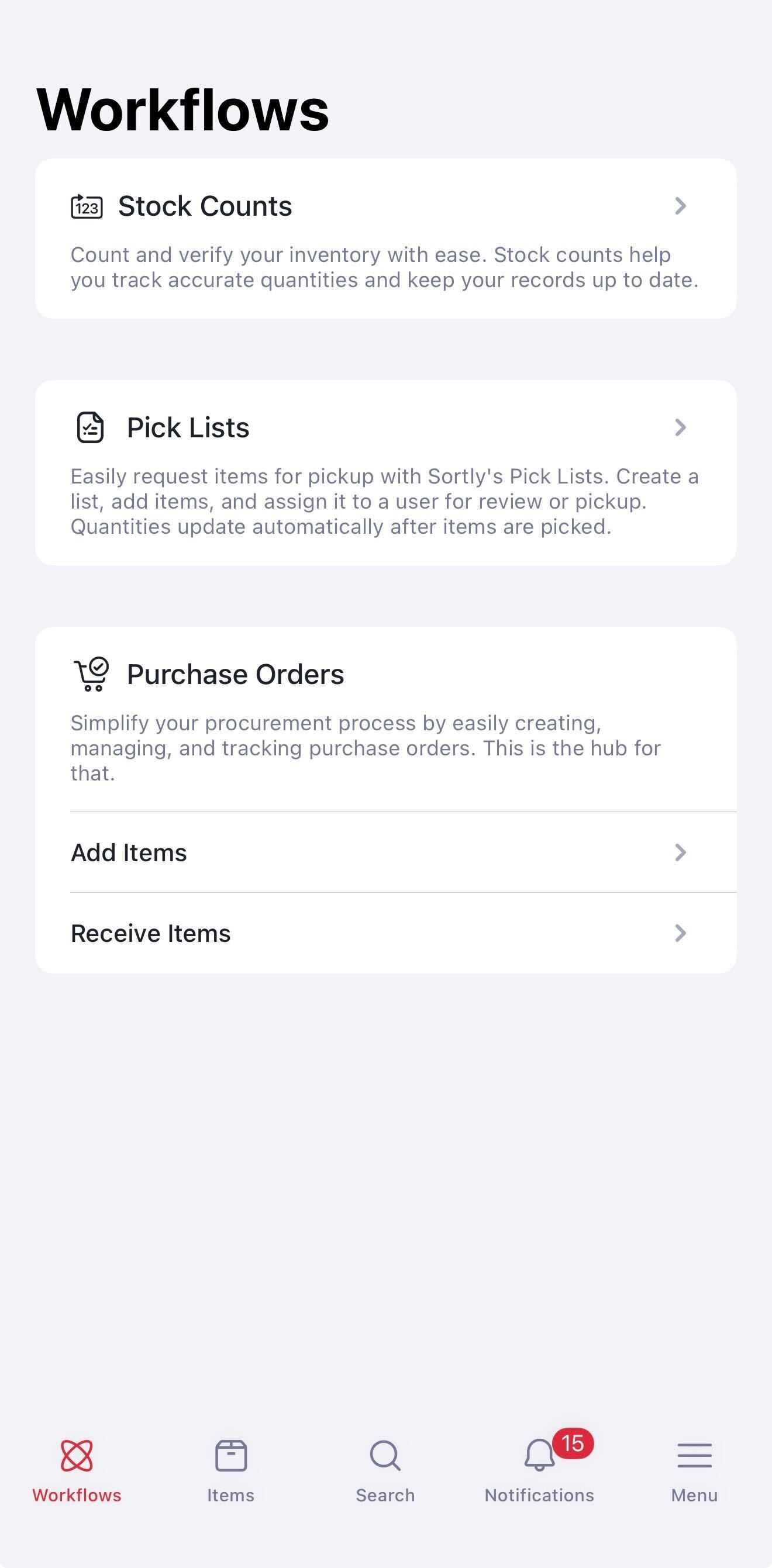 Workflows tab in the Sortly mobile app