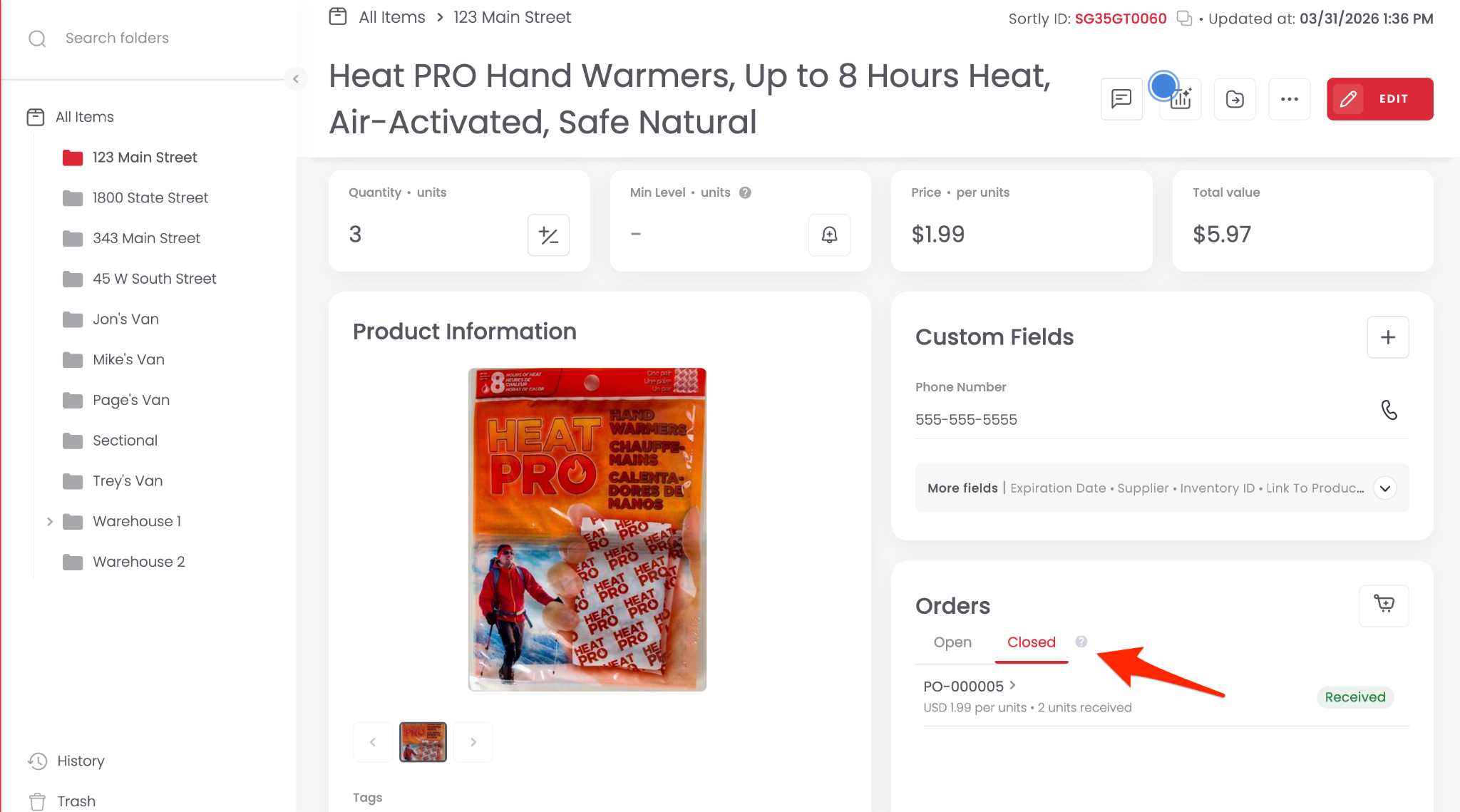 Purchase Order history on an item detail page