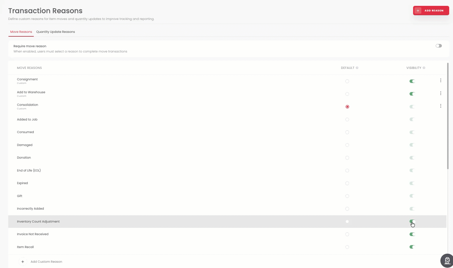Toggling reason visibility