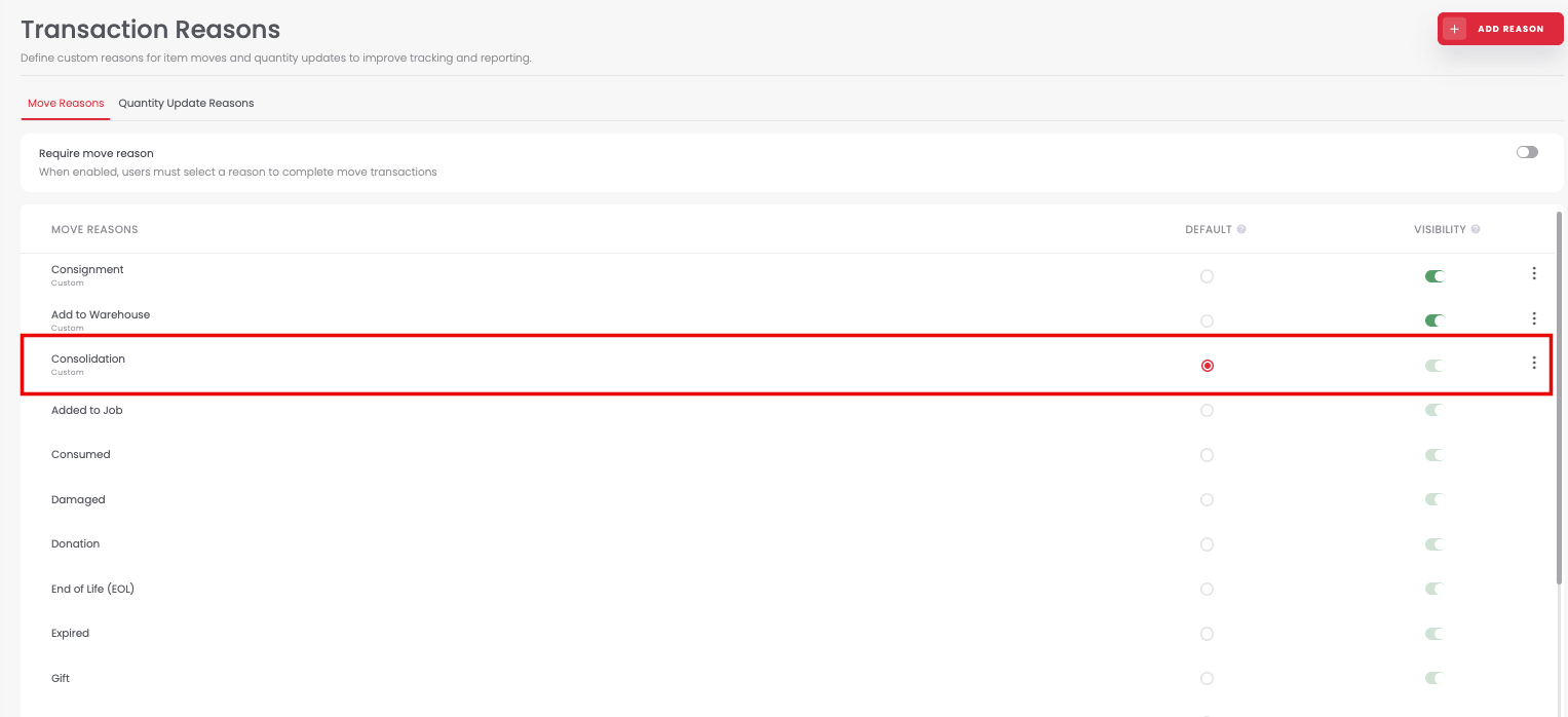Setting a default transaction reason
