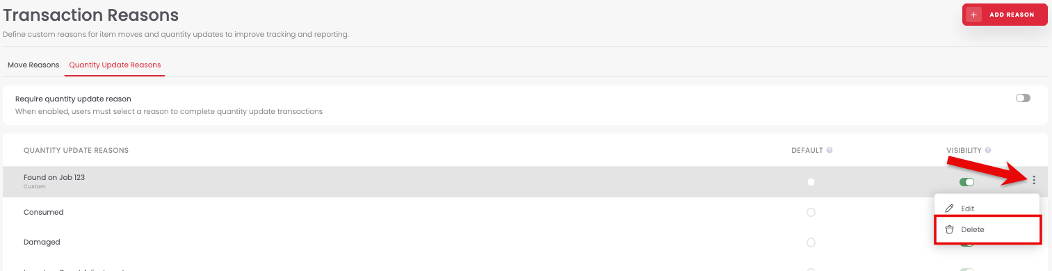 Deleting a custom transaction reason