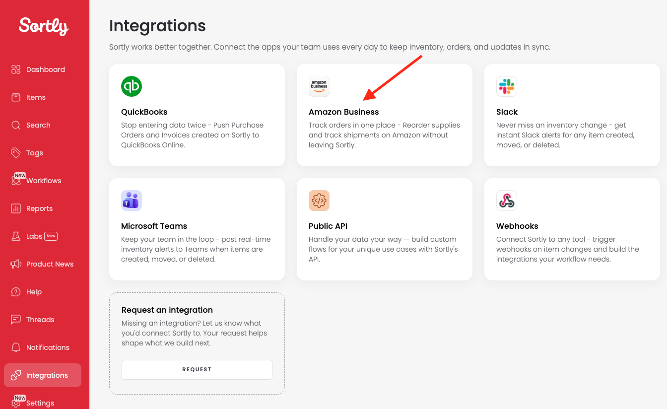 Selecting Amazon Business from Integrations